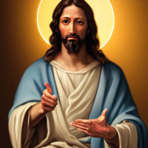Image similar to uhd real 8 k photo of jesus showing his middle finger, digital art, portrait, portrait concept art, special effects, finely detailed, studio lighting, correct details, correct face, accurate middle finger