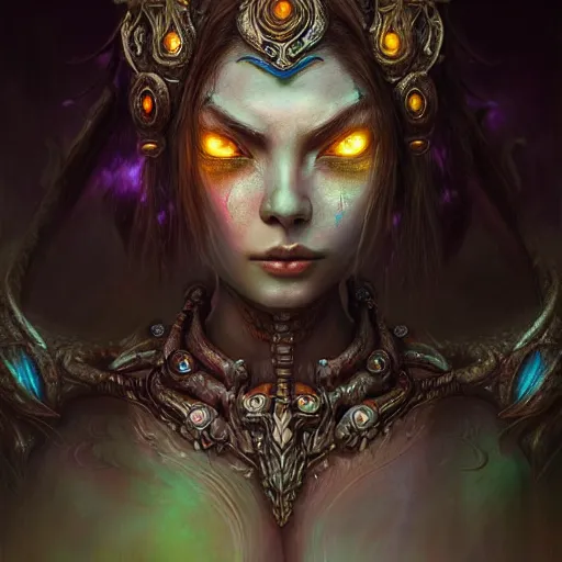 Prompt: a highly detailed Long shot photo of chthonic warcraft Princess Talanji female character by Ayami Kojima, Beksinski, Giger,intricate, digital painting, artstation, intricate, concept art, smooth, sharp focus, illustration