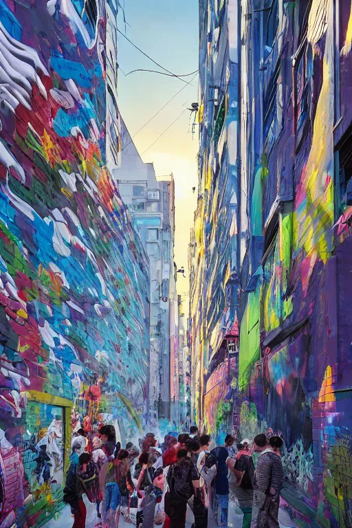 Image similar to people in a busy city people looking at a white building covered with a 3d graffiti mural with paint dripping down to the floor, hiroshi yoshida, painterly, yoshitaka Amano, artgerm, moebius, loish, painterly, and james jean, illustration, sunset lighting