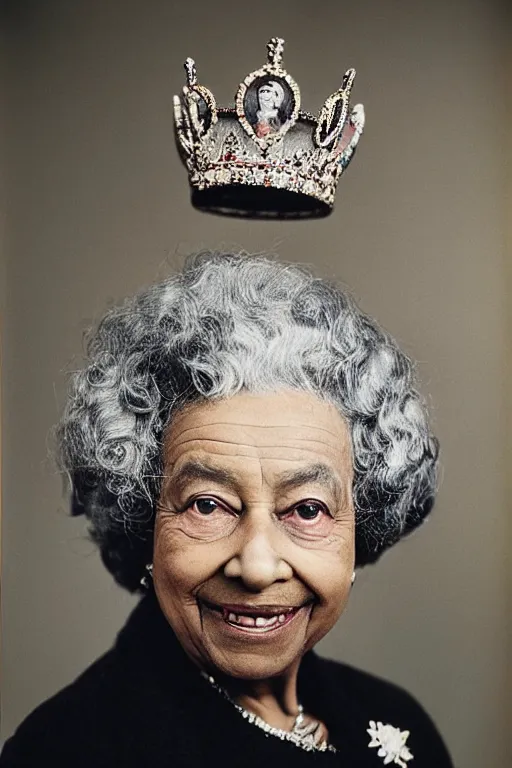 Image similar to a colour photograph of an elderly black lady with grey curly hair, wearing a crown and clothing of Queen Elizabeth the second, 50mm lens, portrait photography, taken by Robert Capa, studio lighting