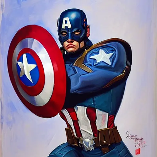 Image similar to greg manchess portrait painting of armored captain america as overwatch character, totally whack, medium shot, asymmetrical, profile picture, organic painting, sunny day, matte painting, bold shapes, hard edges, street art, trending on artstation, by huang guangjian and gil elvgren and sachin teng