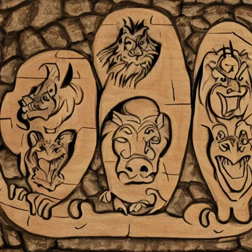 Prompt: sigil of a pig, a lion, a jester, a bat, and a knight carved into a cave's wall