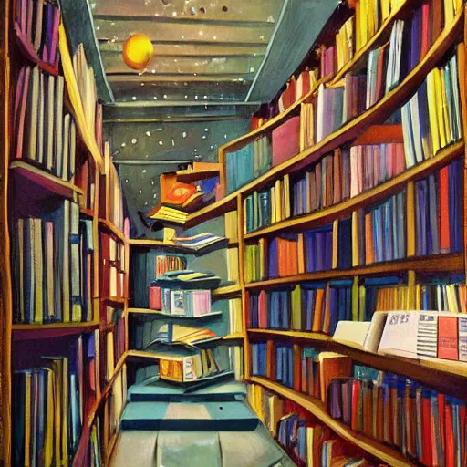 Image similar to panting of book store in space