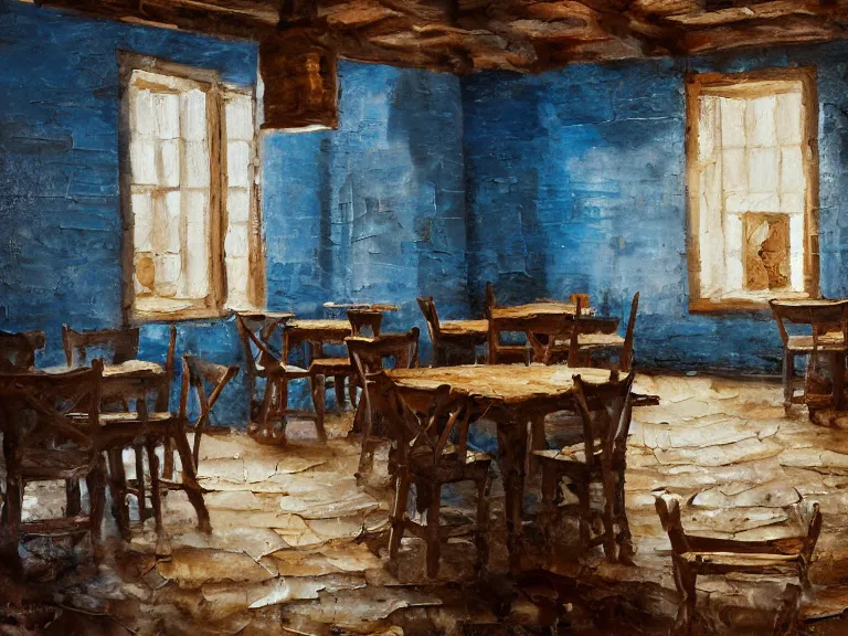 Prompt: expressive rustic oil painting, interior view of an weary old tavern, tables and chairs, bottles of liquor, accents of blue light, light bloom, dust, ambient occlusion, morning, rays of light coming through windows, dim lighting, brush strokes oil painting