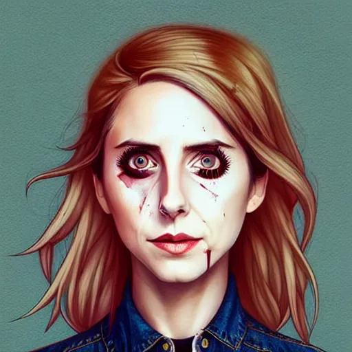 Prompt: loish, artgerm, Joshua Middleton art, pretty Alison Brie serial killer holding bloody knife in right hand realistic hand, blood on clothes and face, sarcastic smile, symmetrical eyes, symmetrical face, jean jacket, jeans, short blonde hair, middle shot, night time, deep blacks