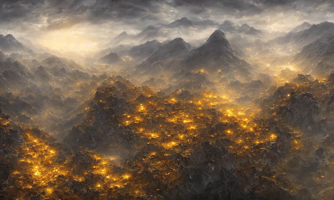 Image similar to breathtaking detailed digital painting of an aerial view of luxurious nature, mountains rocks at dawn with intricate ribbons and golden petals flying, with moody dark tumultuous clouds, by dao trong le, artstation, concept art, matte, 8 k,