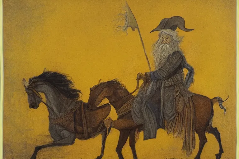 Image similar to Portrait of Gandalf with a yellow hat riding a horse, photo