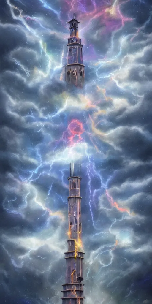 Prompt: the tower tarot card, airbrush sky realistic stormcloud with glimpses of flares