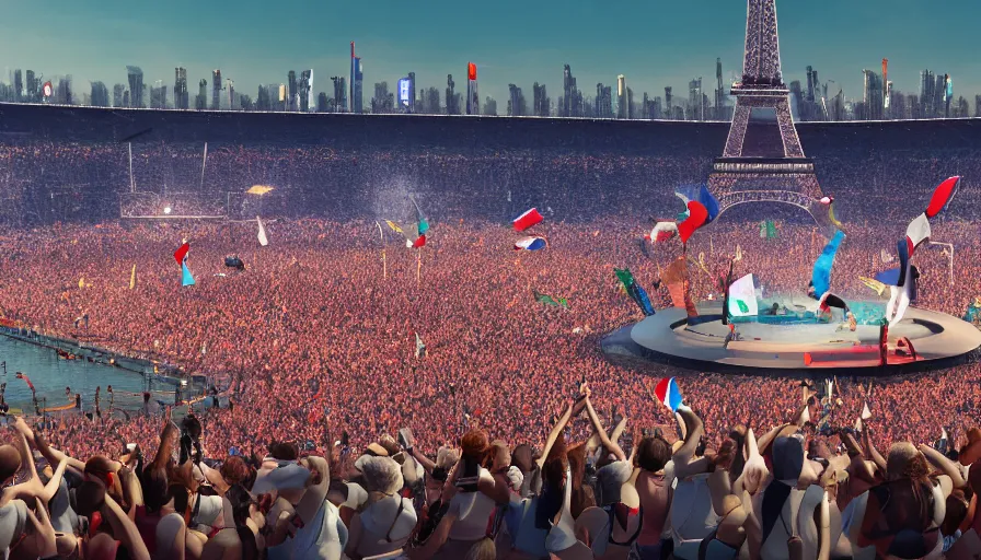 Prompt: olympic games in paris, with giant glass stadium near eiffel tower, opening ceremony on the scene, huge crowd, sunny day, party, hyperdetailed, artstation, cgsociety, 8 k