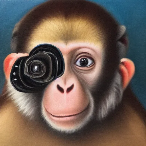 Prompt: Portrait of an Emo monkey holding a camera, oil painting