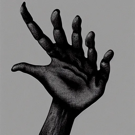 Prompt: a hand with metal fingers in the style of Zdzisław Beksiński