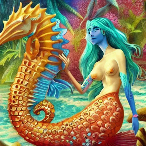 Image similar to merfolk riding seahorses, trending on artstation, colorful, intricate, art by senjon 津