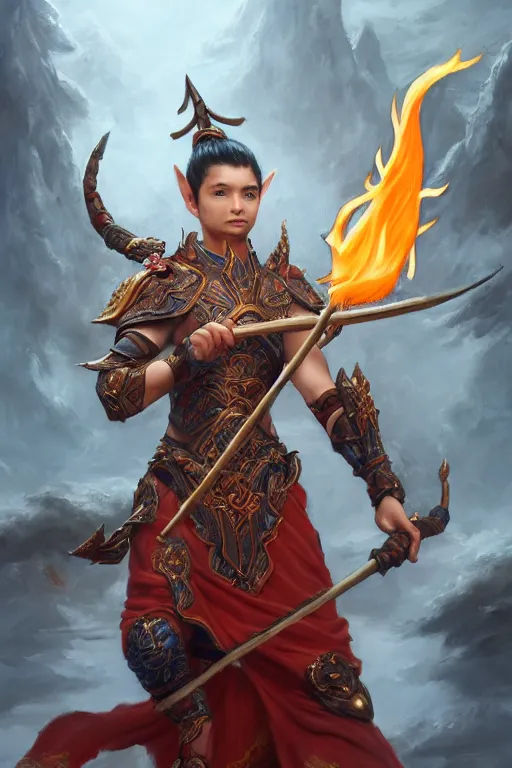 Image similar to a masterpiece portrait of nezha, young elf prince holding spear, flame everywhere, epic pose, fantasy character portrait, closeup shot, hyper detailed, digital painting, 8 k realistic, trending on artstation, sharp focus, dof, by fenghua zhong, artgerm, ne zha from smite, jeff easley, raymond swanland