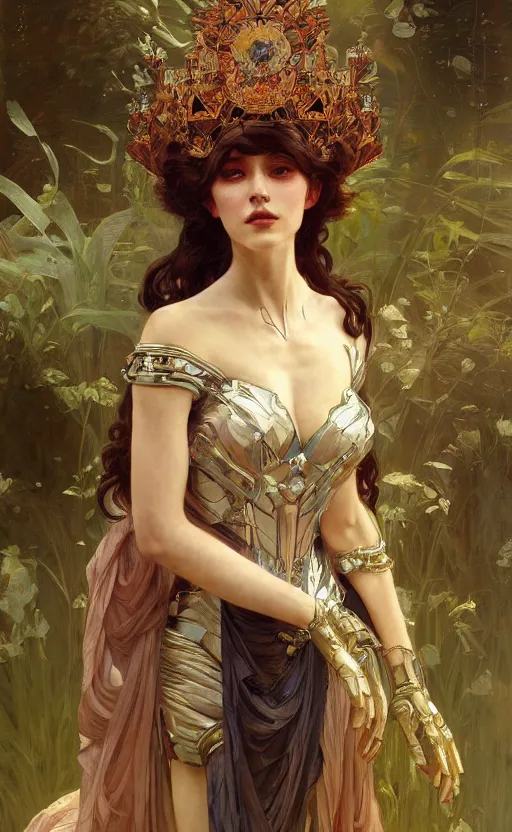 Prompt: a beautiful painting of a crowned robotic cyberpunk princess in a flowing gown, intricate, elegant, highly detailed, digital painting, artstation, concept art, by krenz cushart and artem demura and william adolph bouguereau and alphonse mucha