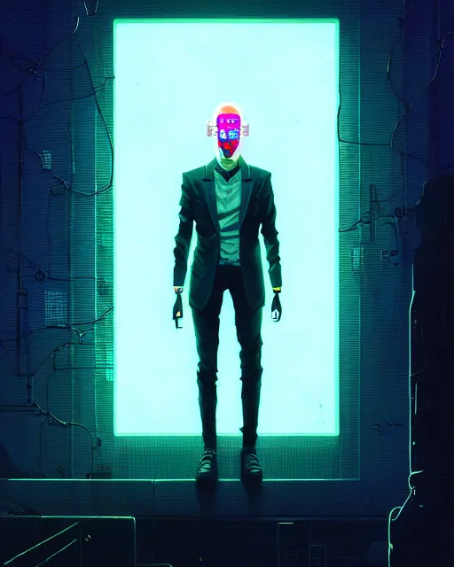 Prompt: cyberpunk synth, hyper - realistic portrait of a man in a suit with detailed neon mask, cyberpunk, intricate, digital painting, by atey ghailan, by greg rutkowski, by greg tocchini, by james gilleard, by joe fenton, by kaethe butcher, dynamic lighting, gradient light blue, lighting color scheme, sharp focus, grunge aesthetic