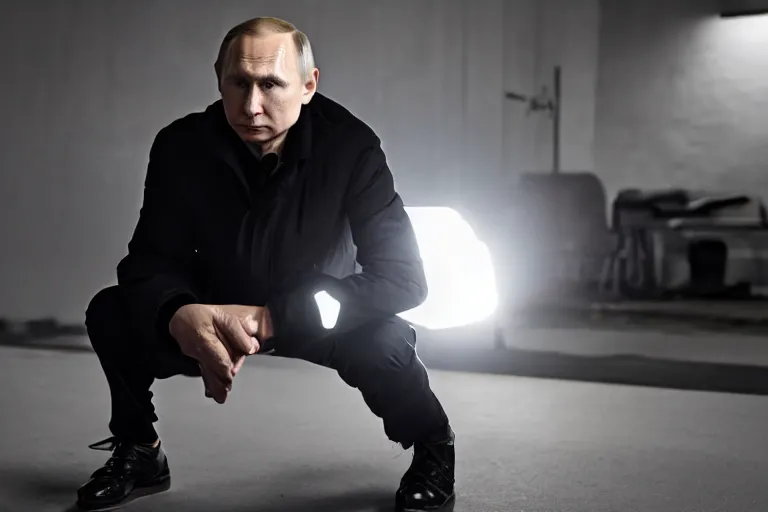 Image similar to a medium low angle shot of Vladimir putin sitting in squat position, looking at the camera, lit from below, shot from below, squatting, 8k, black background