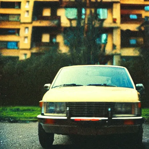 Image similar to low angle close to shot of russian car in soviet yard with block of flats, low grain film,polaroid, masterpiece, f 1.6, bokeh, mid day in style of william egglestone