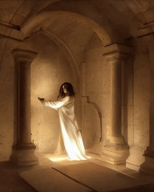 Image similar to inside a tomb, light coming in from the left, 2 angels with wings, 3 women in robes, fibonacci, by artgerm, caravaggio, craig mullins