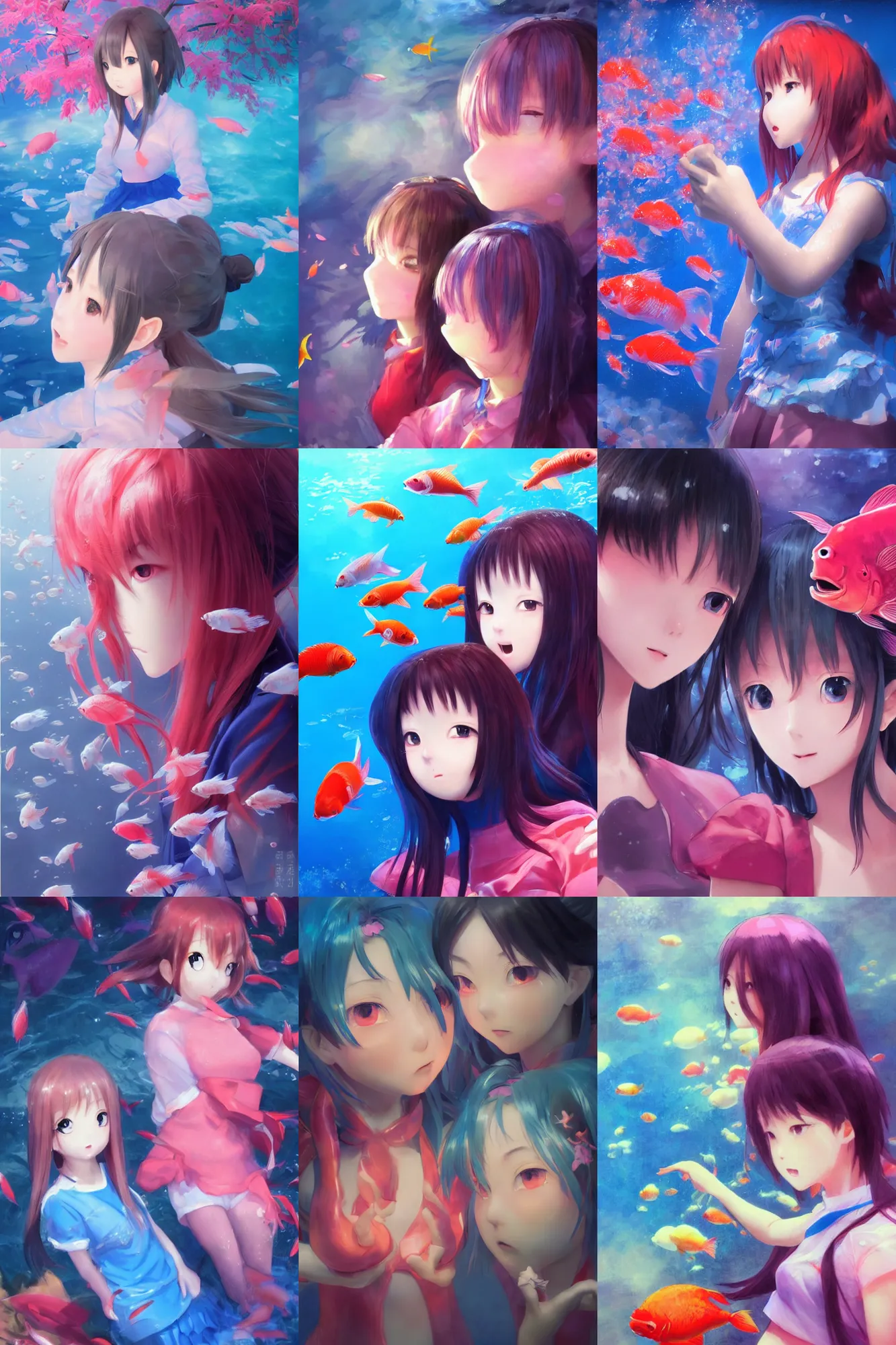 Prompt: 3d infrared octane render concept art by by Mo Xiang Tong Xiu, by Igarashi Daisuke, by makoto shinkai, cute beauty selfie portrait anime funny two schoolgirls under dark pink and blue underwater. koi fish. beautiful and cutest sad face. dramatic deep light, trending on artstation, oil painting brush