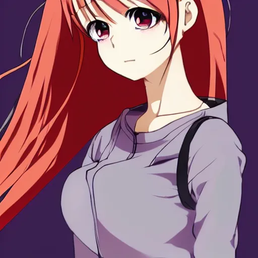 Image similar to key anime visual of a girl with red hair and orange eyes, smirking, trending on Pixiv; beautiful, sharp, detailed