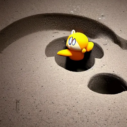 Prompt: photo of waddle dee squeezing out of the sink hole