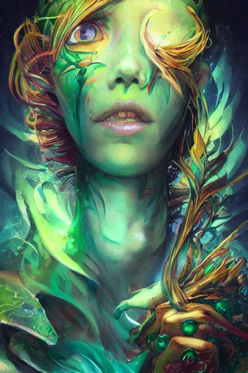 Prompt: upper body portrait shot of green hair tattooed pinup hannah murray, model pose, bright color, sun shining through, sharp focus, highly detailed face, specular reflection, art by anato finnstark and lecouffe deharme and pete mohrbacher and quentin mabille and frank moth, fantasy illustrations, epic light novel cover art