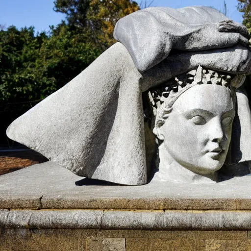 Prompt: giant ,oversized ,broken off ,statue of libertys head with crown is lying sideways on the ground