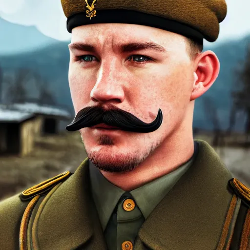 Prompt: fullbody portrait of channing tatum with handlebar moustache, wearing simply russian ww 1 clothes, with black black beanie on head, white thatch houses at background, style ivan talavera and artgerm, radiant lighting, hyper realistic, photorealistic, octane render, trending on artstation, cgsociety, cinematic light, global illumination