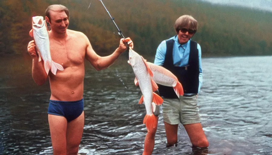 Prompt: 7 0 s movie still of putin in speedo, proudly holding a salmon on a fishing trip in siberia. cinestill 8 0 0 t _ 3 5 mm eastmancolor, heavy grain, high quality, high detail