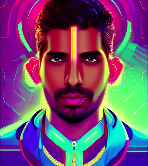 Image similar to symmetry!! indian prince of technology, solid cube of light, hard edges, product render retro - futuristic poster scifi, lasers and neon circuits, brown skin handsome indian prince, intricate, elegant, highly detailed, digital painting, artstation, concept art, smooth, sharp focus, illustration, dreamlike, art by artgerm