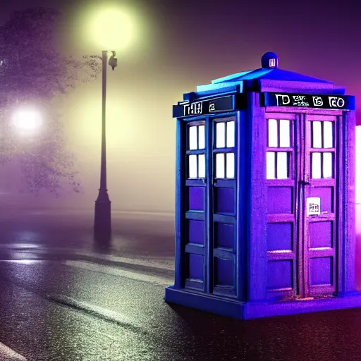 Image similar to a hyperdetailed photograph of the tardis sat on a futuristic street corner, night, dense fog, rain, hd, 8 k resolution