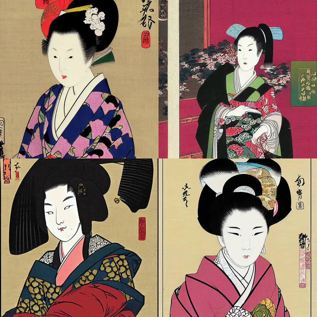 Prompt: digital painting of a beautiful geisha by utagawa kuniyoshi