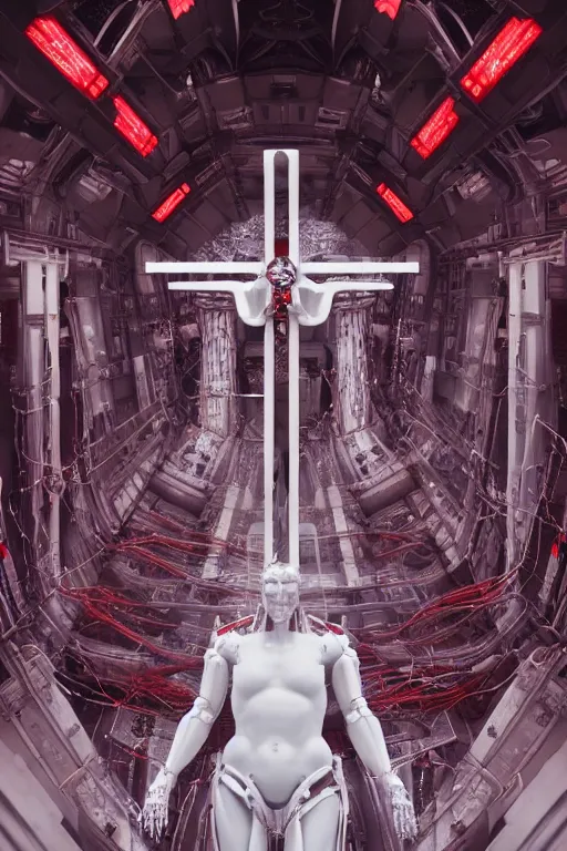 Prompt: white space station interior, white cross, a statue jesus on cross made of red marble, perfect symmetrical body, full body shot, inflateble shapes, wires, tubes, veins, jellyfish, white biomechanical details, wearing epic bionic cyborg implants, masterpiece, intricate, biopunk, vogue, highly detailed, artstation, concept art, cyberpunk, octane render