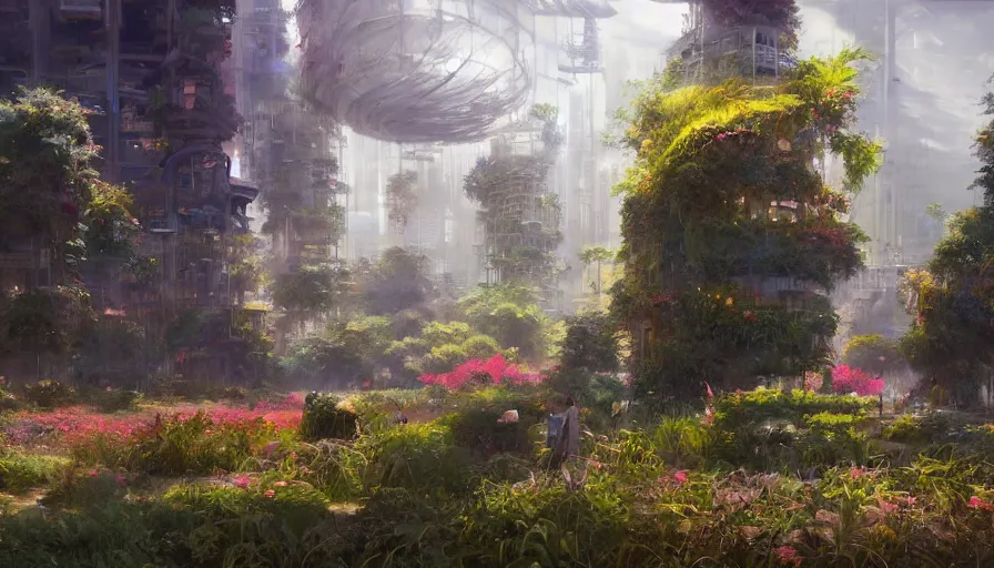 Image similar to craig mullins and ghibli digital illustration tall vertical farms, hydroponics, colorful, unreal engine, hyper realism, realistic shading, cinematic composition, realistic render, octane render, detailed textures, photorealistic, wide shot