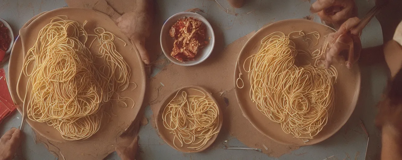 Image similar to the ancient greeks using spaghetti in geometry, canon 5 0 mm, wes anderson film, kodachrome