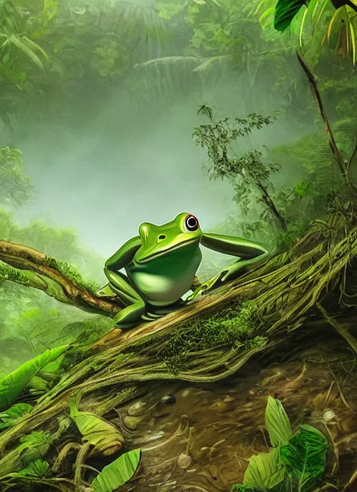 Image similar to a beautiful matte painting of a green frog in the jungle, kambo