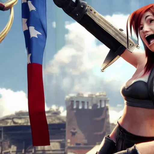 Image similar to Tifa Lockhart from Final Fantasy VII Remake (2020) laughing with the Italian flag in the background