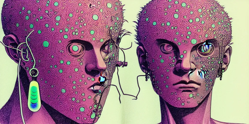 Image similar to risograph grainy drawing futuristic sci - fi antagonist face wearing earrings, photorealistic colors, face covered with plants and flowers, by moebius and satoshi kon and dirk dzimirsky close - up portrait, hyperrealistic