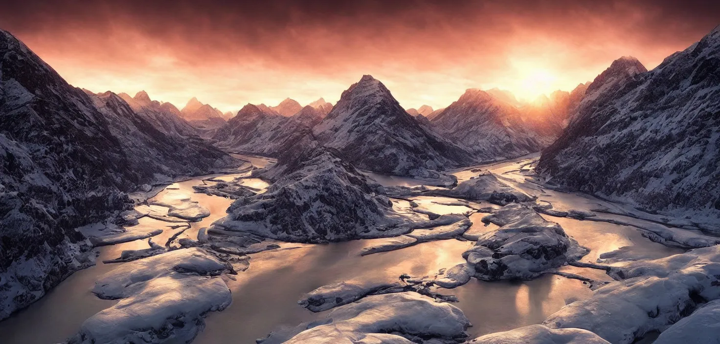 Image similar to amazing landscape photo of snowy mountains with river in sunset by max rive, beautiful dramatic lighting