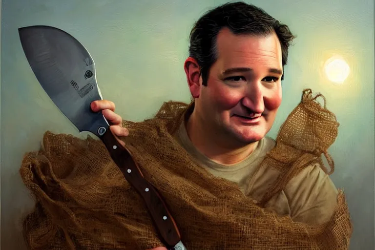 Image similar to portrait of ted cruz wearing a burlap sack with a knife at night in texas, an oil painting by ross tran and thomas kincade