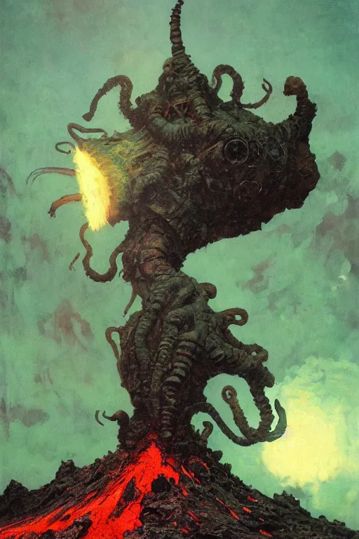 Prompt: cthulu rises from a martian volcano, by norman rockwell, jack kirby, jon berkey, earle bergey, craig mullins, ruan jia, jeremy mann, tom lovell, marvel, astounding stories, 5 0 s pulp illustration, scifi, fantasy, artstation creature concept