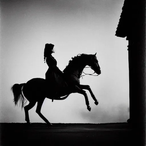 Prompt: An aristocrat young lady with a black cloak is riding a dark horse from distance, Kodak TRI-X 400, dark mood, melancholic,