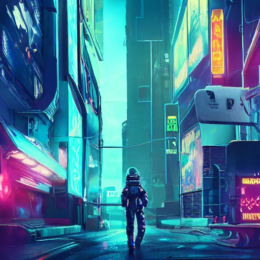 Prompt: professional photo of astronaut on cyberpunk street, synthwave, blade runner 2 0 4 9, hyperrealistic masterpiece, trending on artstation, cgsociety, kodakchrome, golden ratio, cinematic, composition, beautiful lighting, hyper detailed, sharp focus, octane render, 4 k, unreal engine