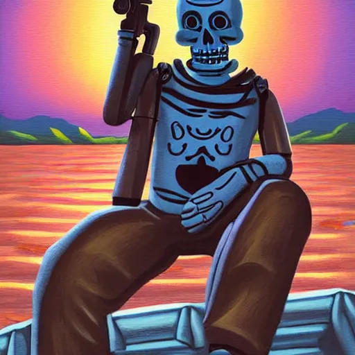 Prompt: very detailed and perfectly readable fine and soft relevant out of lines soft edges painting, manny calavera sitting with a rifle, in a cabin, on a lake, sunrise, grim fandango style,