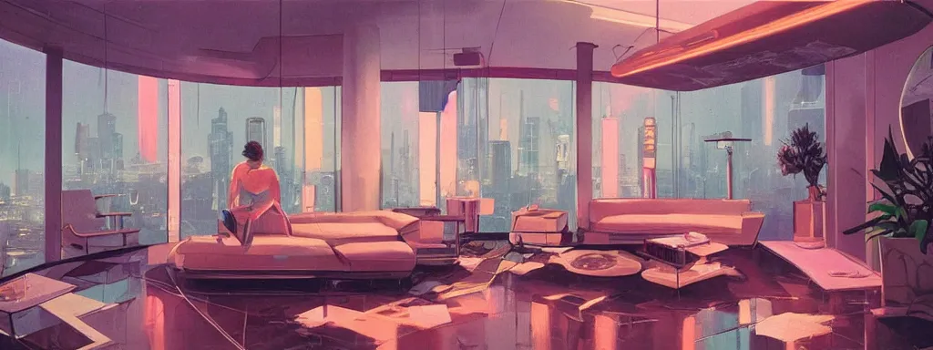 Image similar to concept art, retro - futurist penthouse, night - time, designer furniture, high ceiling, 6 0 s colour palette, plants, flowers, floor lamps, multi - level, reflections, soft lighting, city view, bladerunner, james jean, syd mead, akihiko yoshida, cinematic