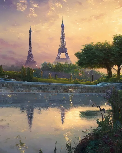 Prompt: over the shoulder landscape painting of violet evergarden, behind are distant lights from paris, eiffel tower, next to the reflecting ocean, nighttime, by vladimir volegov and Philipp A. Urlich and Pengzhen Zhang and Andreas Rocha, fantasy, intricate, elegant, highly detailed, digital painting, artstation, blender, unreal engine 5, octane render, smooth, sharp focus, illustration