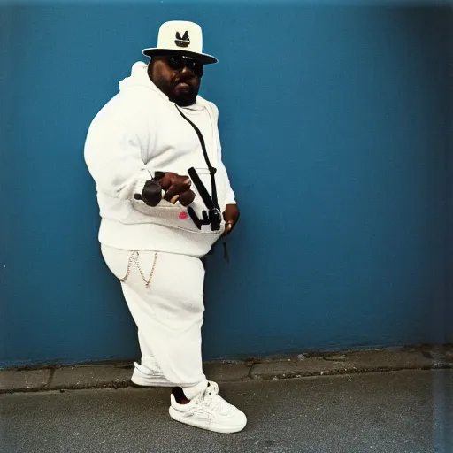 Prompt: 1985 the Bronx in New York. A photographic portrait of a fat tough rapper wearing a white jogging and white Adidas sneakers and a lot of gold necklace and a white sun hat and holding a gun and a getthoblast. Gang vibes. Kodachrome. High quality press photography. A bit out of focus. 120mm. Washed out colors. Picture taken in the street of the Bronx. Summer day