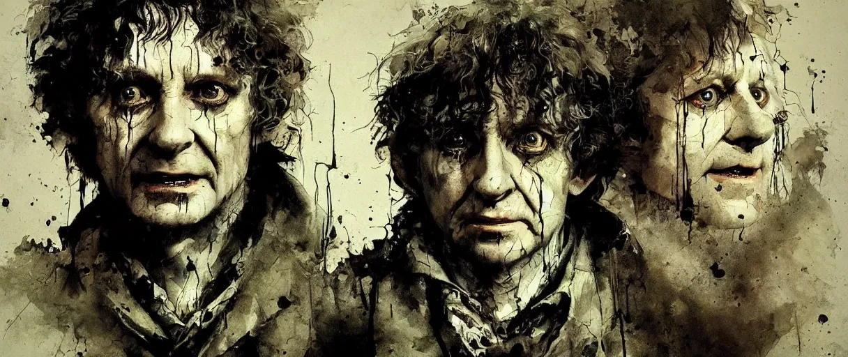 Image similar to portrait of scary bilbo baggins from lord of the rings by emil melmoth zdzislaw beksinki craig mullins yoji shinkawa realistic render ominous detailed photo atmospheric by jeremy mann francis bacon and agnes cecile ink drips paint smears digital glitches glitchart