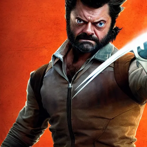 Image similar to logan wolverine pictured as nick offerman in x - men suit, imdb, marvel movie still, detailed 8 k, poster style, deviantart and artstation top picks