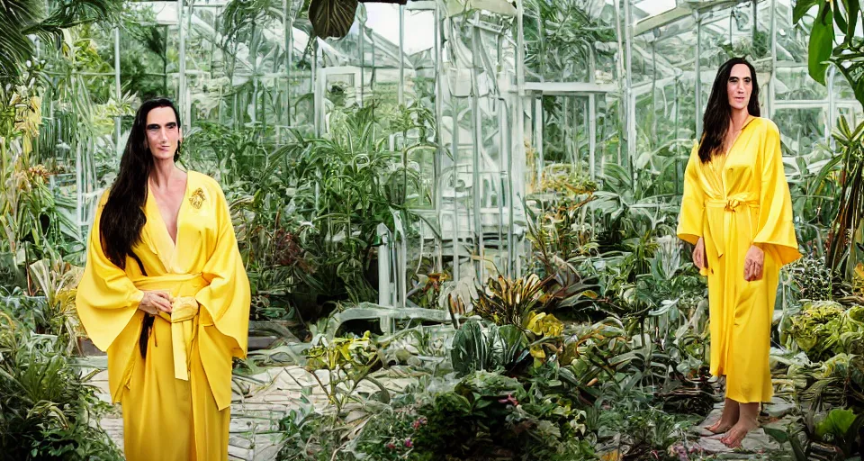 Image similar to Large format Portrait of Jennifer Connelly wearing a yellow kimono in a tropical greenhouse with a very detailed barn owl on her shoulder, medium format camera, 85mm f1.8, bokeh, sharp focus, detailed, centered, editiorial photoshoot, dreamy, elegant